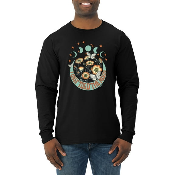 Wild Bobby I Only Told The Moon, Moon Phases Daisies and Butterflies Vintage Men Long Sleeve Shirt, Black, Small