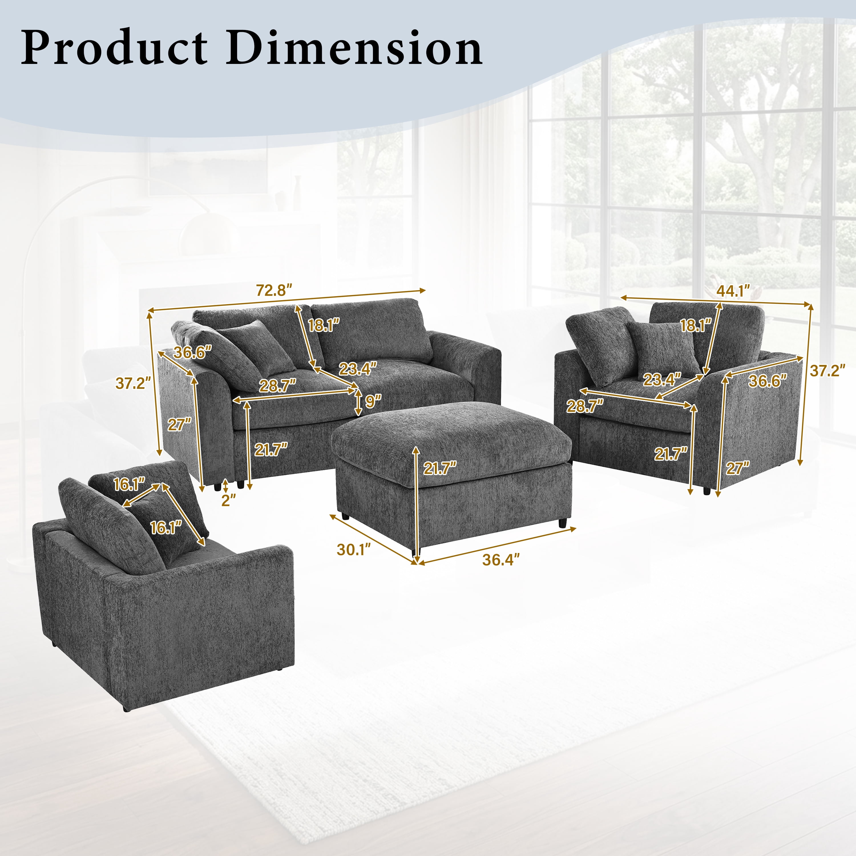 Howcool 4-Piece Modular Sectional Sofa Set,2 Accent Chairs + Loveseat + Movable Ottoman,Chenille Sofa Couch with Solid Wood Frame for Living Room Furniture,Gray
