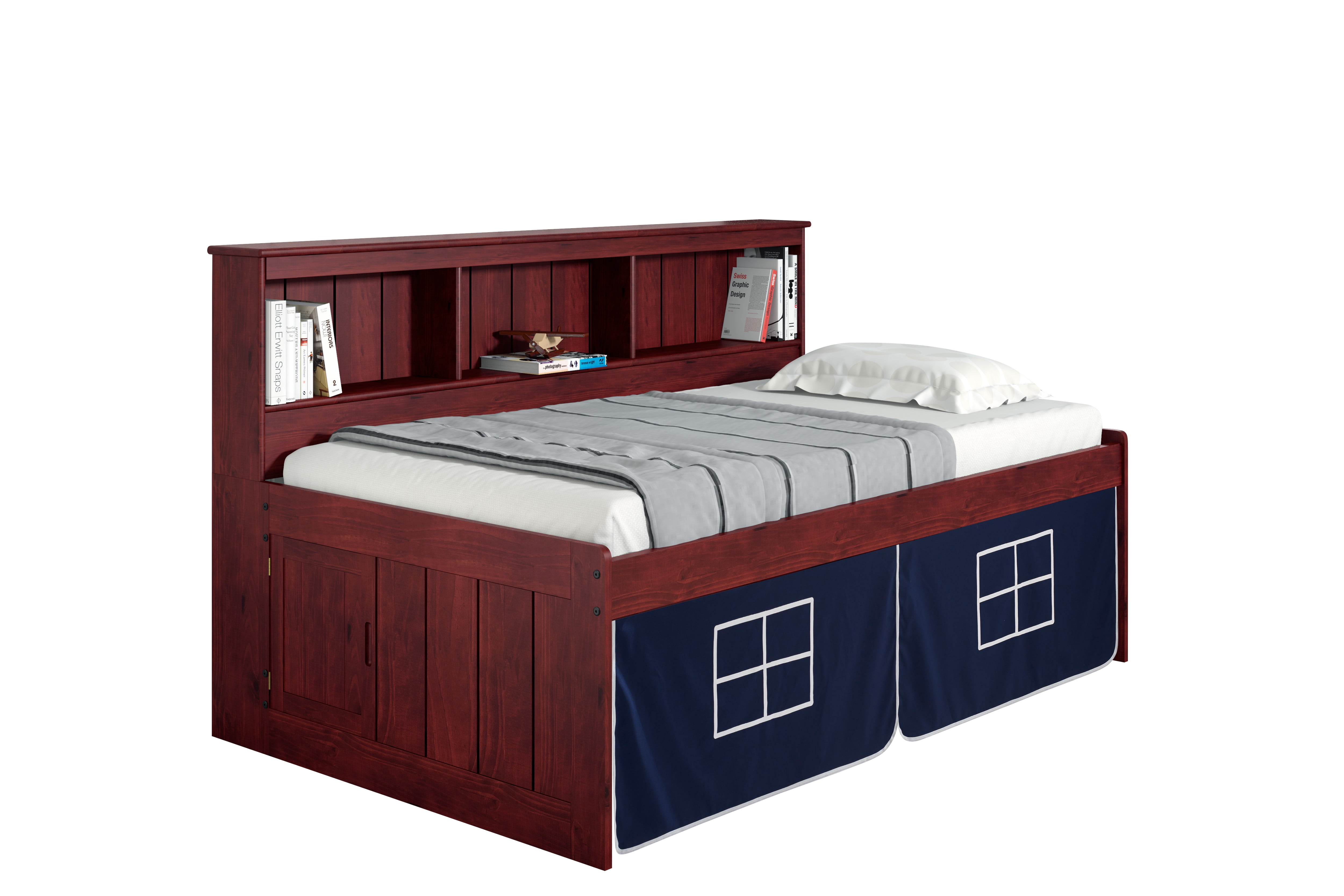 TWIN DAYBED BOOKCASE CAPTAINS BED IN MERLOT FINISH W/BLUE TENT KIT