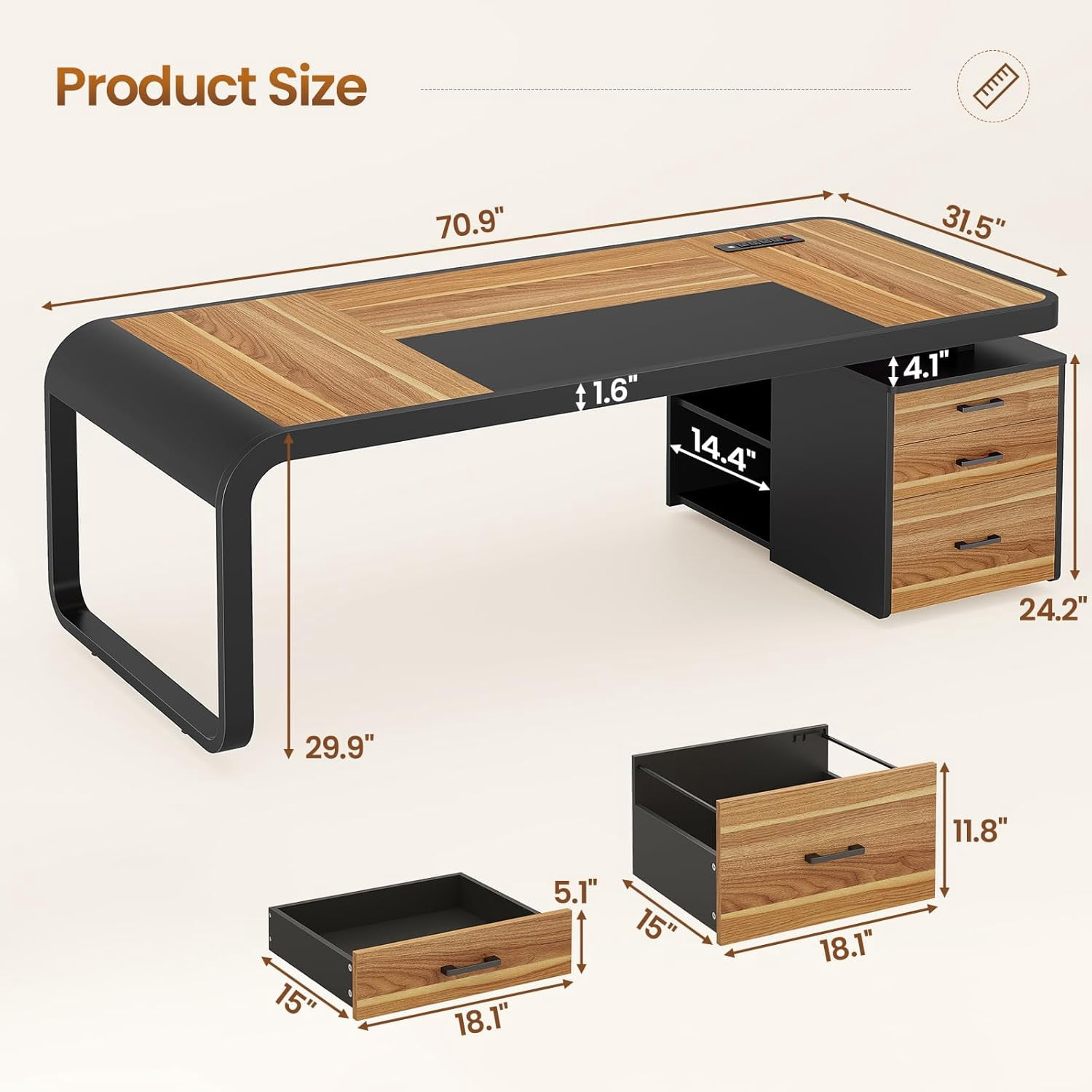 70.9" Executive Desk with Drawers and Power Outlets, Modern Office Desk with Shelf and Large Desktop, Computer Desk Study Table with Storage, Rustic Brown
