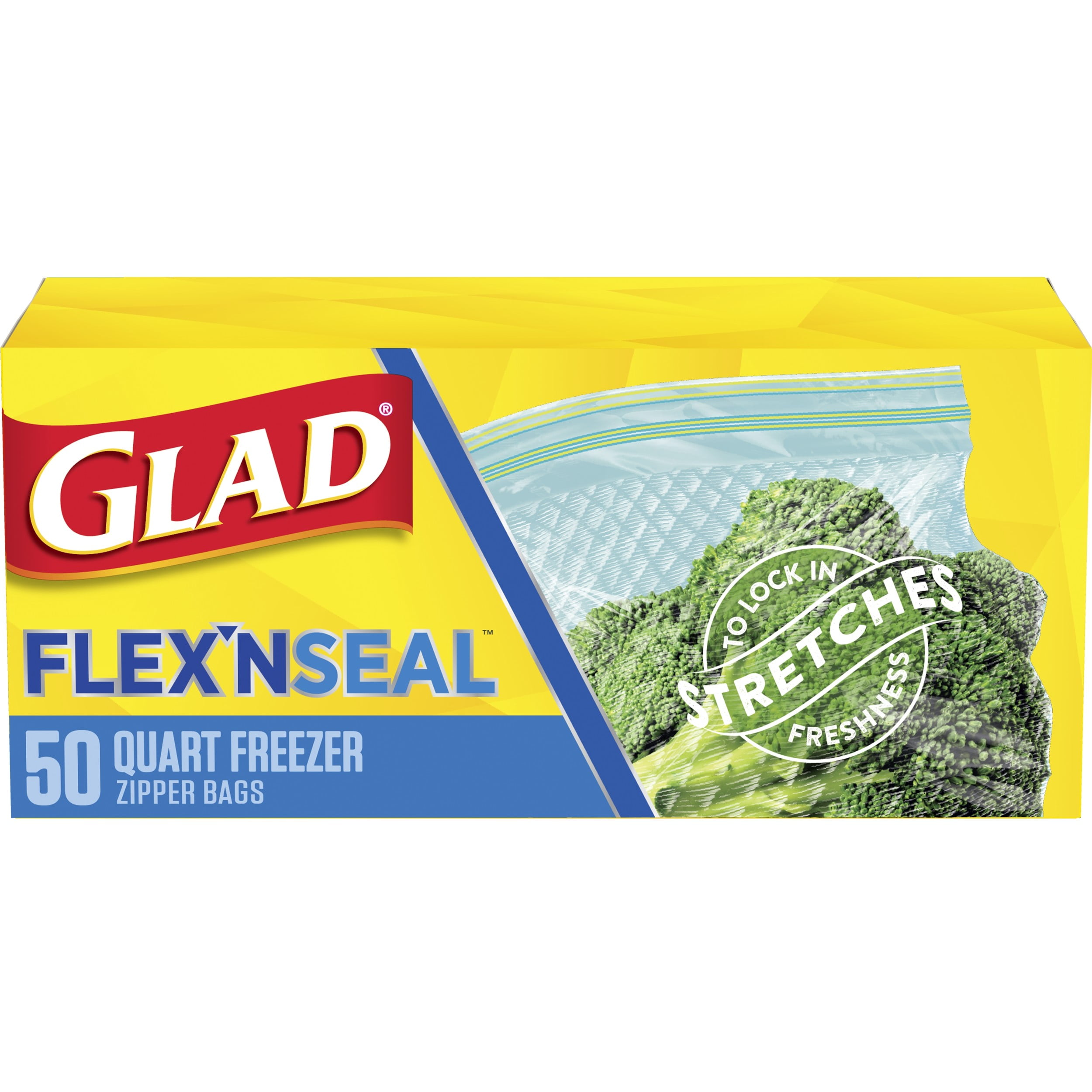 Glad FLEXN SEAL Freezer Storage Plastic Bags, Quart, 50 Count