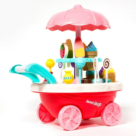 Ice Cream Mini Button - ihubdeal Mini Ice Cream & Candy Cart Toy Pretend Play Set 30-Piece Ice Cream Trolley, Assorted Play Foods Ice Cream Cones, Popsicles, Candies Gift