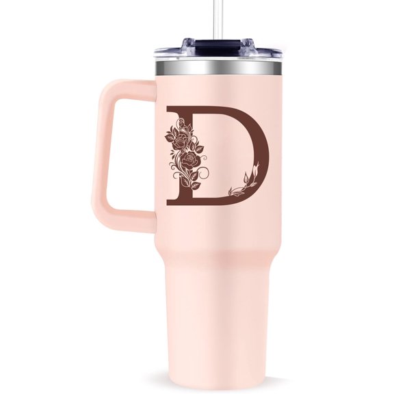 Monogrammed 40oz Tumbler with Handle for Women, Personalized Birthday Gifts for Women,Initial Cups for Woman Pink Letter D,Customized Gifts for Female Lady Gift for Mothers Day Christmas