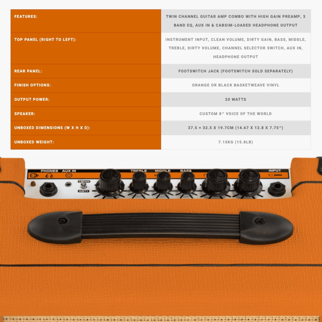 Orange Amps Crush 20 Analogue Combo Amplifier, 20W, Twin Channel (Orange) Bundle with 10 ft Instrument Cable