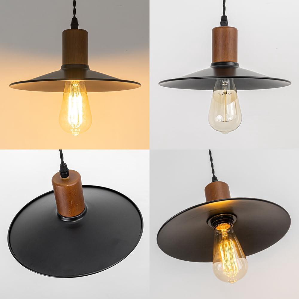 KAYYELAMP Retro Design Track Lighting Fixture Walnut E26 Base Black Metal Dia 10.2" Shade 3.2Ft Adjusted Cord J-Type Track Lamp for Kitchen Bar Counter(No Bulb, Track)