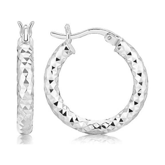 Sterling Silver Polished Rhodium Plated Faceted Hoop Style Earrings