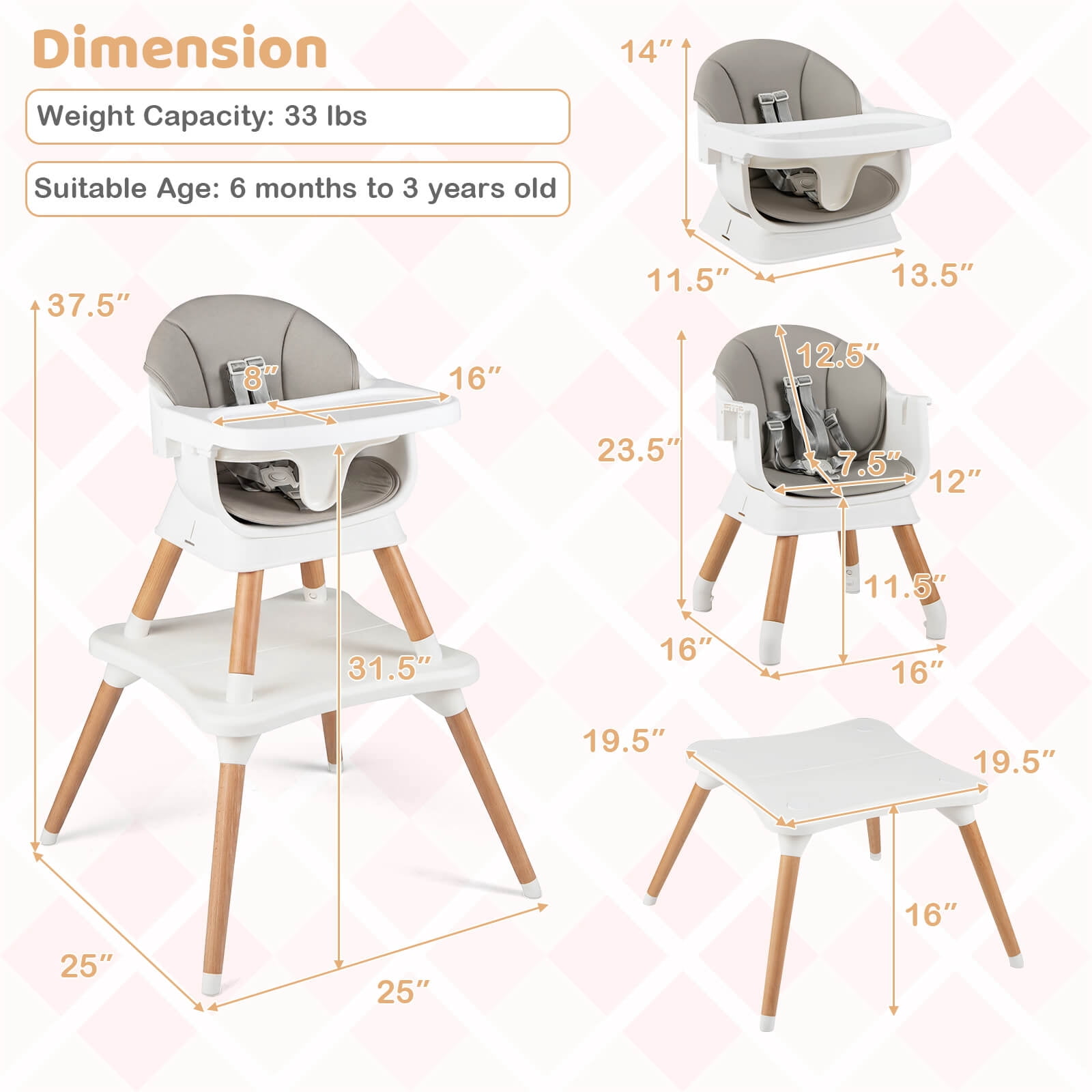 Costway 9-in-1 Kids Table & Chair Set with Solid Wood Legs, Removable Dishwasher-Safe Tray Gray + White