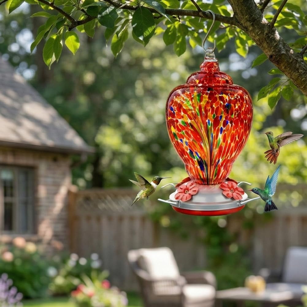 Hummingbird Feeder Red-Firework Hand Blown Glass 32 Ounce Outdoor Patio Use