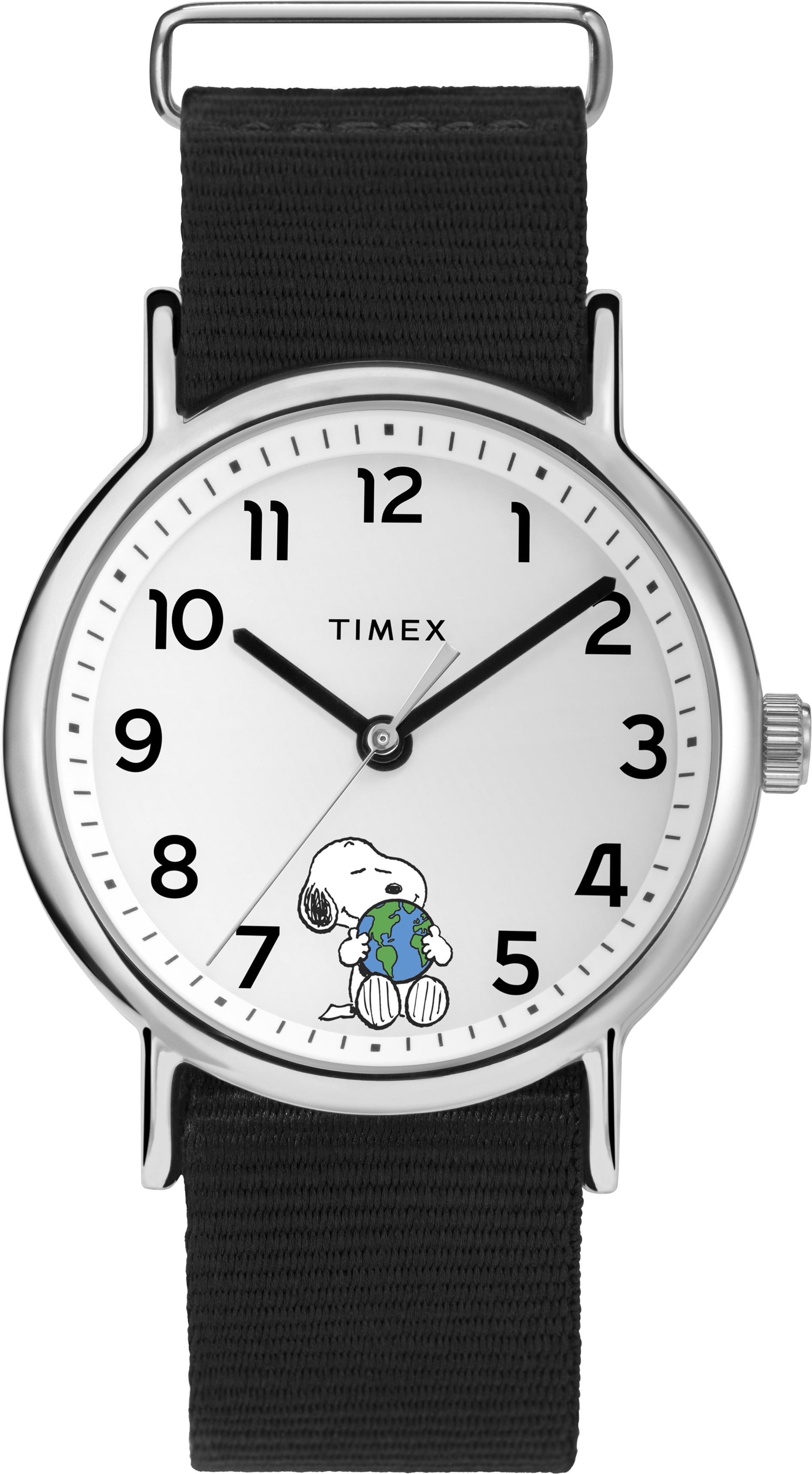 Timex x Peanuts Unisex Weekender 38mm Watch – Take Care of the Earth  Silver-Tone Case White Dial with Black Fabric Slip-Thru Strap 