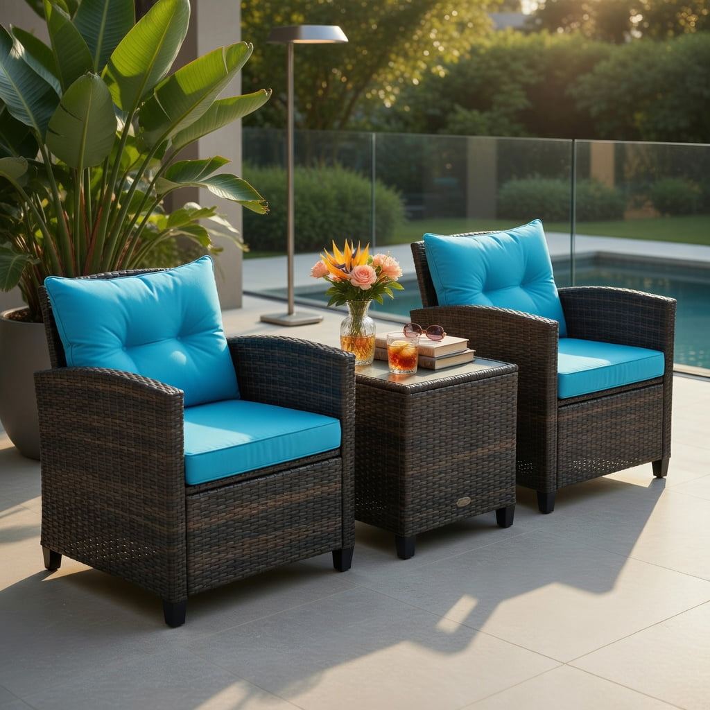 Hommoo 3-Piece Outdoor Rattan Patio Furniture Set with Cushions, Wicker Sofa & Coffee Table for Garden, Poolside, or Deck, Turquoise
