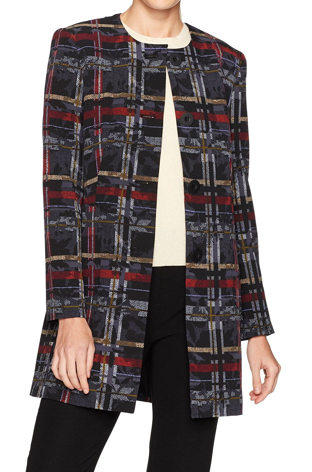 Nine West Red Womens Plaid Print Button 