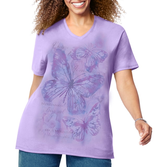 Just My Size T-Shirt Graphique à Manches Courtes pour Femmes, 1X, Papillon Violet Salé