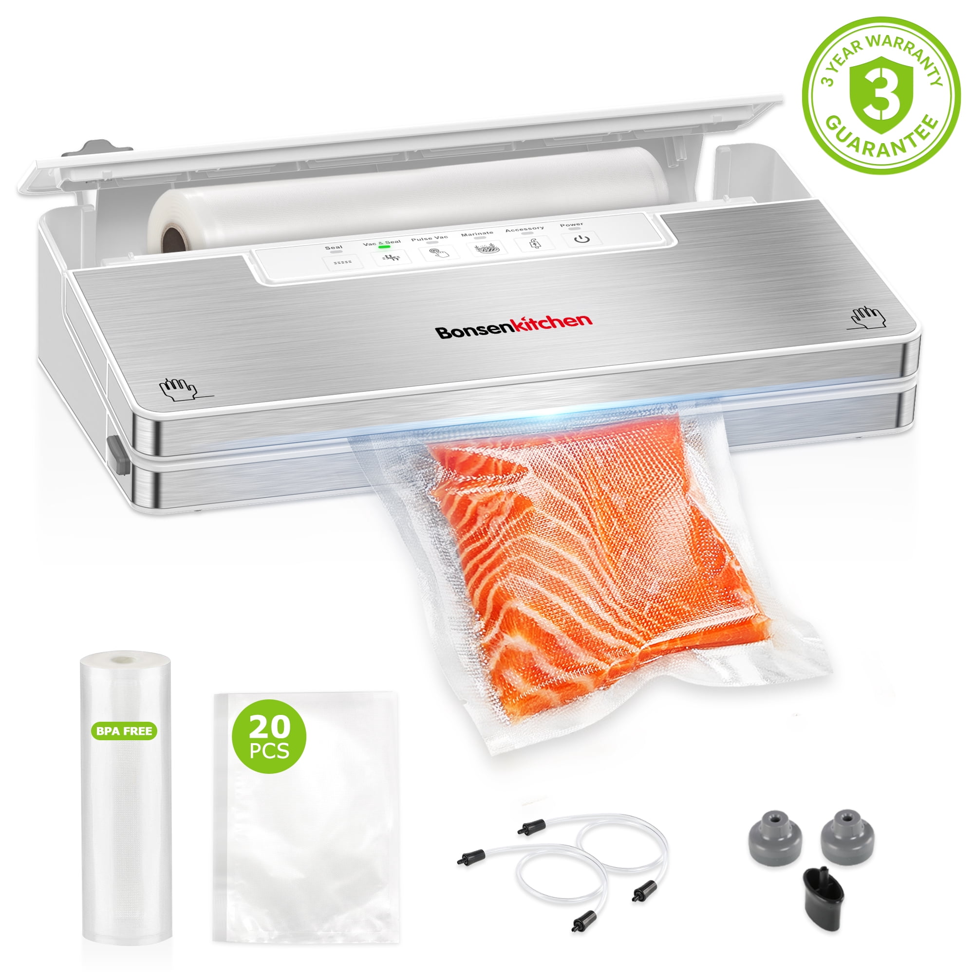 Bonsenkitchen Vacuum Sealer, Stainless Steel Food Sealer with Built-in Cutter and Bag Storage, include 1 Roll Bag & Vacuum Bags