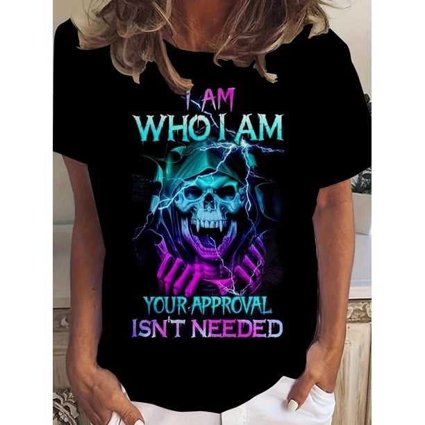 Short Sleeve For Spring & Summer, Casual Skull & Letter Print Crew Neck T-shirt, Women's Clothing Tee Tee For Adult, Men, Women, Teen, Teenager, Adolescent, Youth