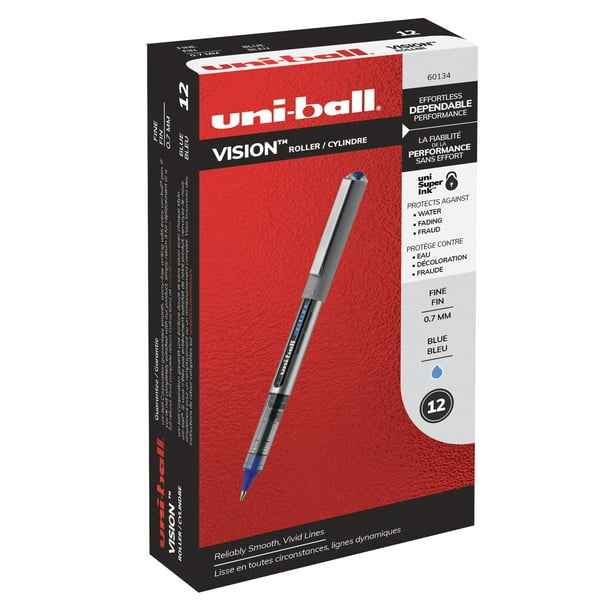 Uniball Vision Rollerball Pens, Fine Point (0.7 mm), Blue, 12 Count