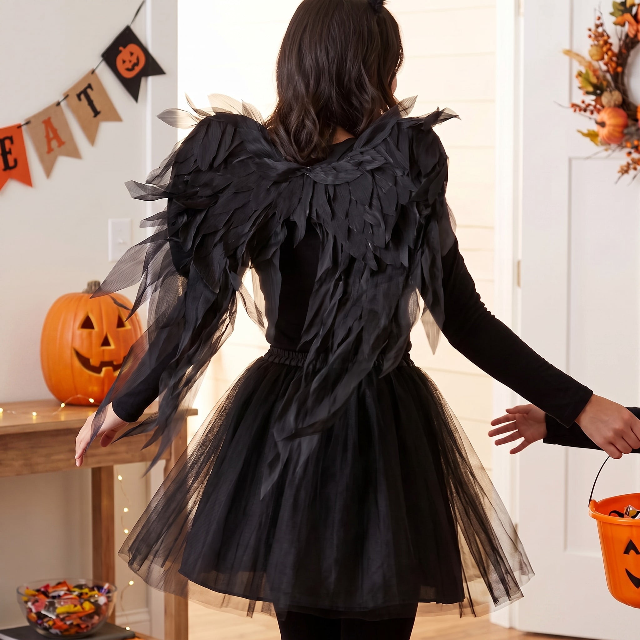 Fabric Feather Wings Costume Accessory for Adults, Black, Halloween by Way To Celebrate