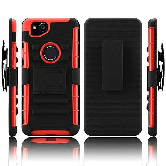 GSA Rubberized Kickstand Case w/Holster For Google Pixel 2 - Black/Red