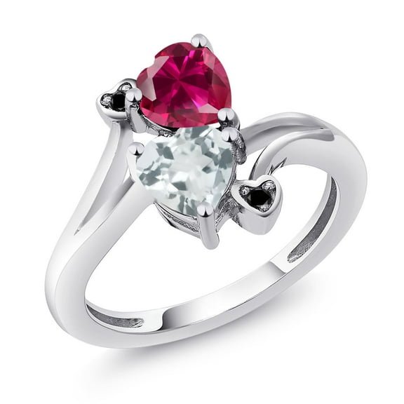 Gem Stone King 925 Sterling Silver Red Created Ruby Sky Blue Topaz and Black Diamond Ring for Women (1.95 Cttw, Heart Shape 6MM, Gemstone July Birthstone, Size 8)