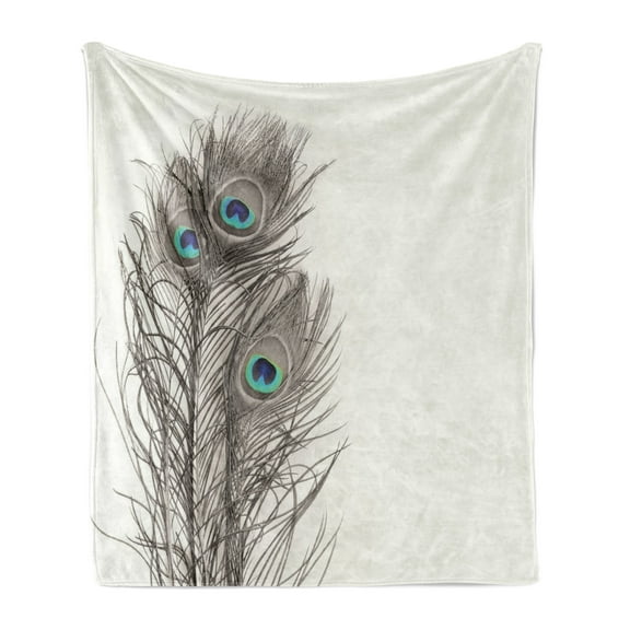 Peacock Soft Flannel Fleece Blanket, Feathers of Exotic Bird on White Backdrop Bohemian Wildlife Composition, Cozy Plush for Indoor and Outdoor Use, 50" x 60", White Taupe and Blue, by Ambesonne