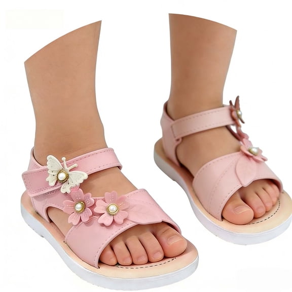 FINALGANG Kids Girls Open Toe Sandals With Butterfly Flower Appliques Pearl Accent Adjustable Hook And Loop Strap Soft Sole Shoes For Summer Daily Play Pink 7-8 Years