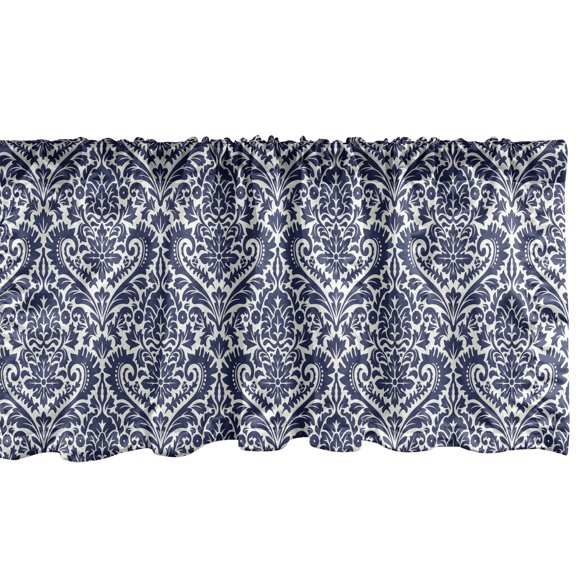 Ambesonne Victorian Window Valance, Baroque Damask Motif Art, 54" X 18", Indigo and White