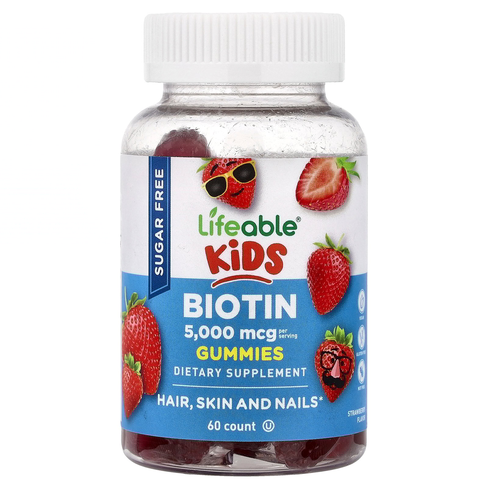 Lifeable Kids Biotin Gummies, Sugar Free, Natural Raspberry, 60 Gummies (2,500 mcg per Gummy)
