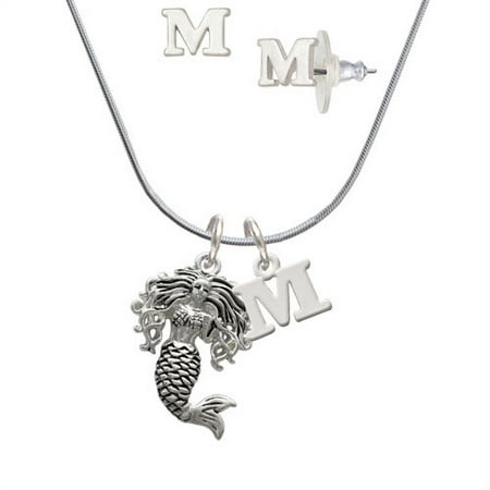 Mermaid – M Initial Charm Necklace and Stud Earrings Jewelry Set
