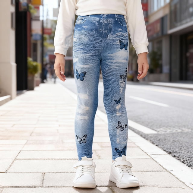 Pantalones largos para niña, leggings con estampado de mezclilla, pantalones largos ajustados para niña