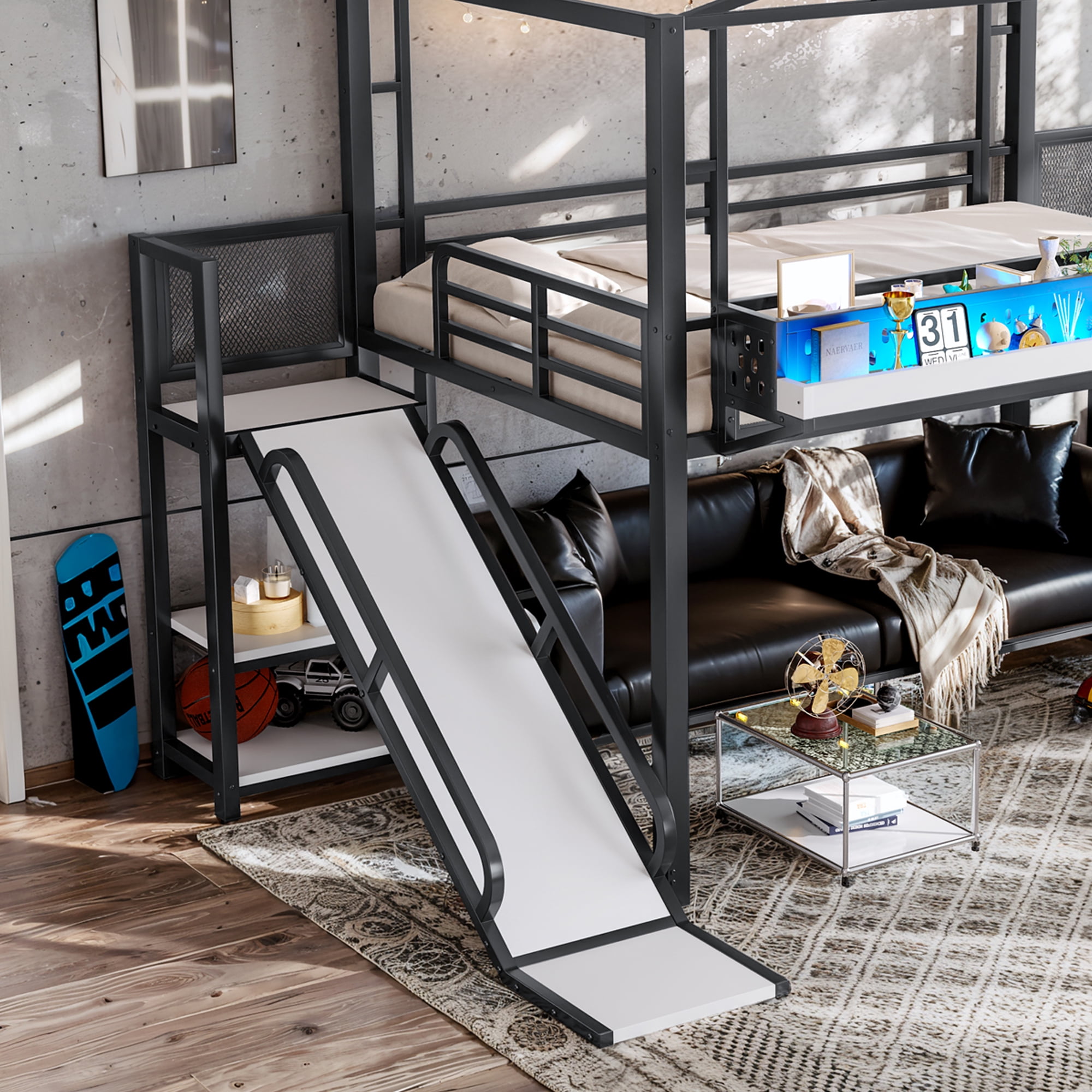 Leumius Full Size Loft Bed with Storage Stairs, Metal Loft Bed Frame with Built-in Wardrobe,Storage Shelves,USB Ports and LED Lights,Noise-reduced Design,Black