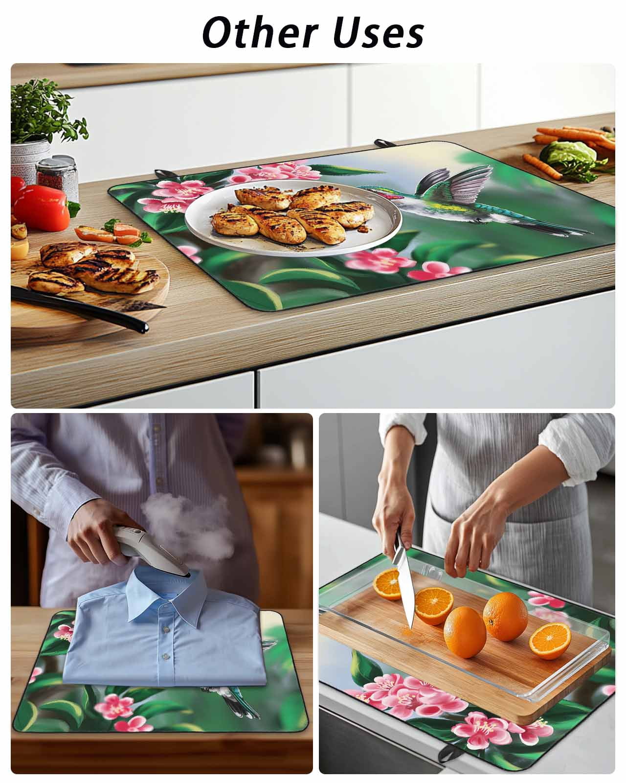 Stove Top Covers for Electric Stove, Green Hummingbird Glass Stovetop Cover Protector, Spring Summer Pink Flower Leaf Induction Cooktop Protector Oven Mat for Kitchen Countertop 24"x21"