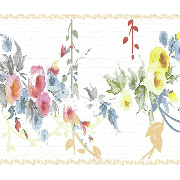 Dundee Deco Peel and Stick Self Adhesive Wallpaper Border - Floral Yellow, Blue on White Flowers on Vine, 15 ft x 7 in
