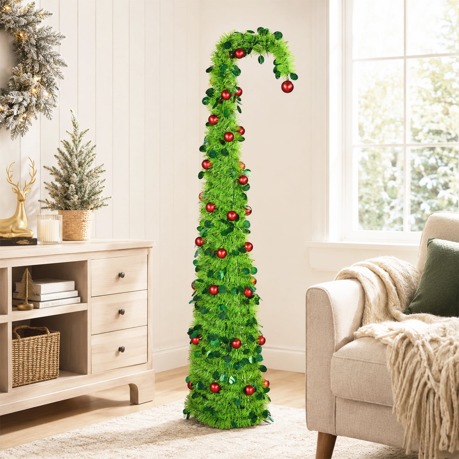 Astoutdoor 6 ft Green Bent-Top Telescopic Christmas Tree with Red Ball Ornaments, 100 Warm White LED Lights, 8 Modes, Battery Operated, PVC Pop-Up Holiday Tree