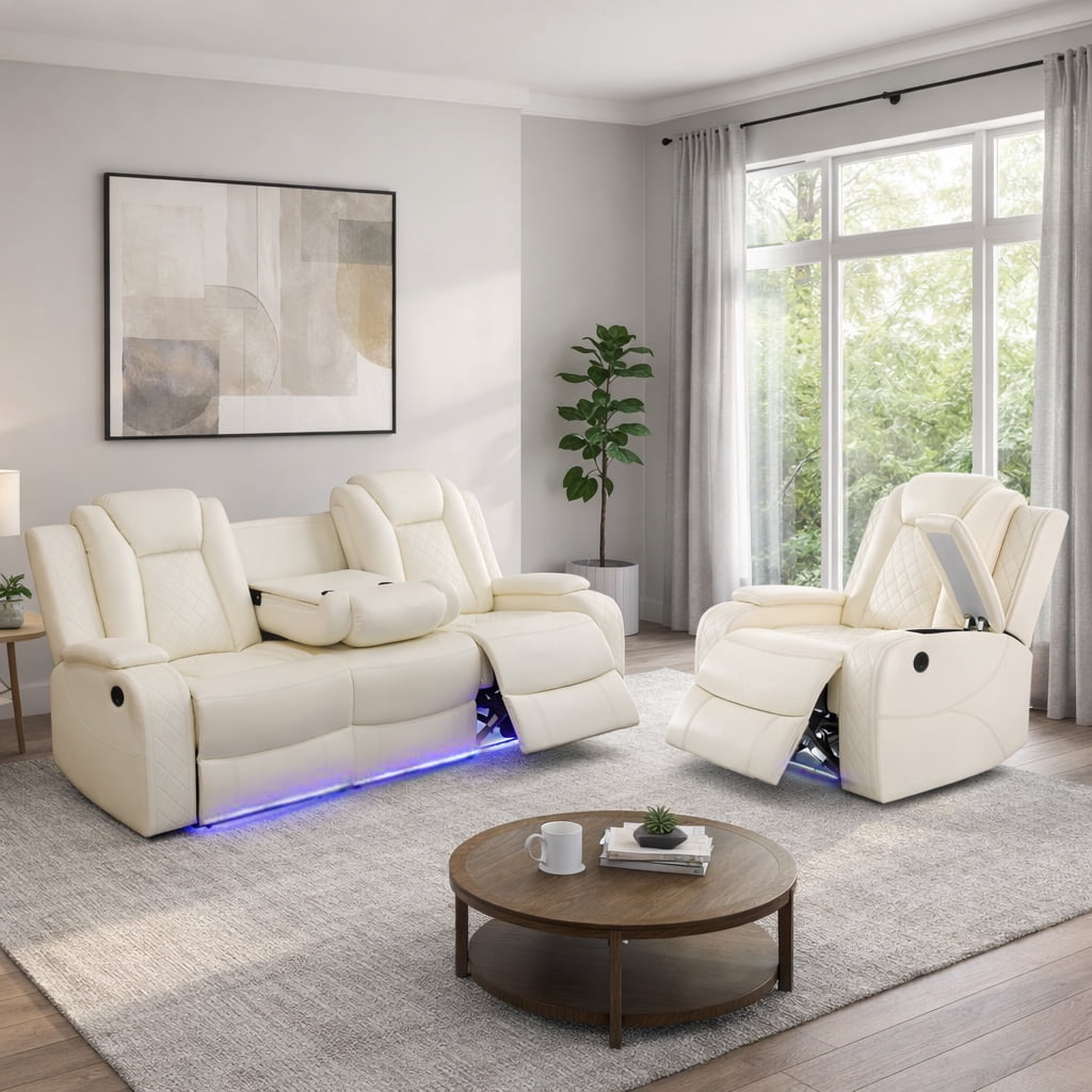 Gewnee 3-Seat Power Adjustable Sofa with One Recliner, Console & Cup Holders, Air Leather, Adjustable Reclining Angles, Suitable for Living Room,Beige