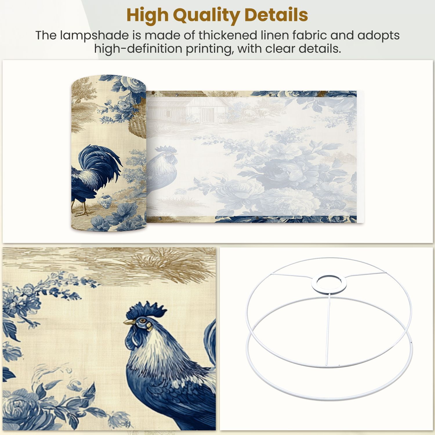Lampshades 2 Pack Vintage Farmhouse Toile Roosters Cottages Blue Floral Motifs 13"x13"x10" Light Shade for Table Lamps Floor Lamps Drum Lamp Shades Lampshade Replacement Easy Assembly