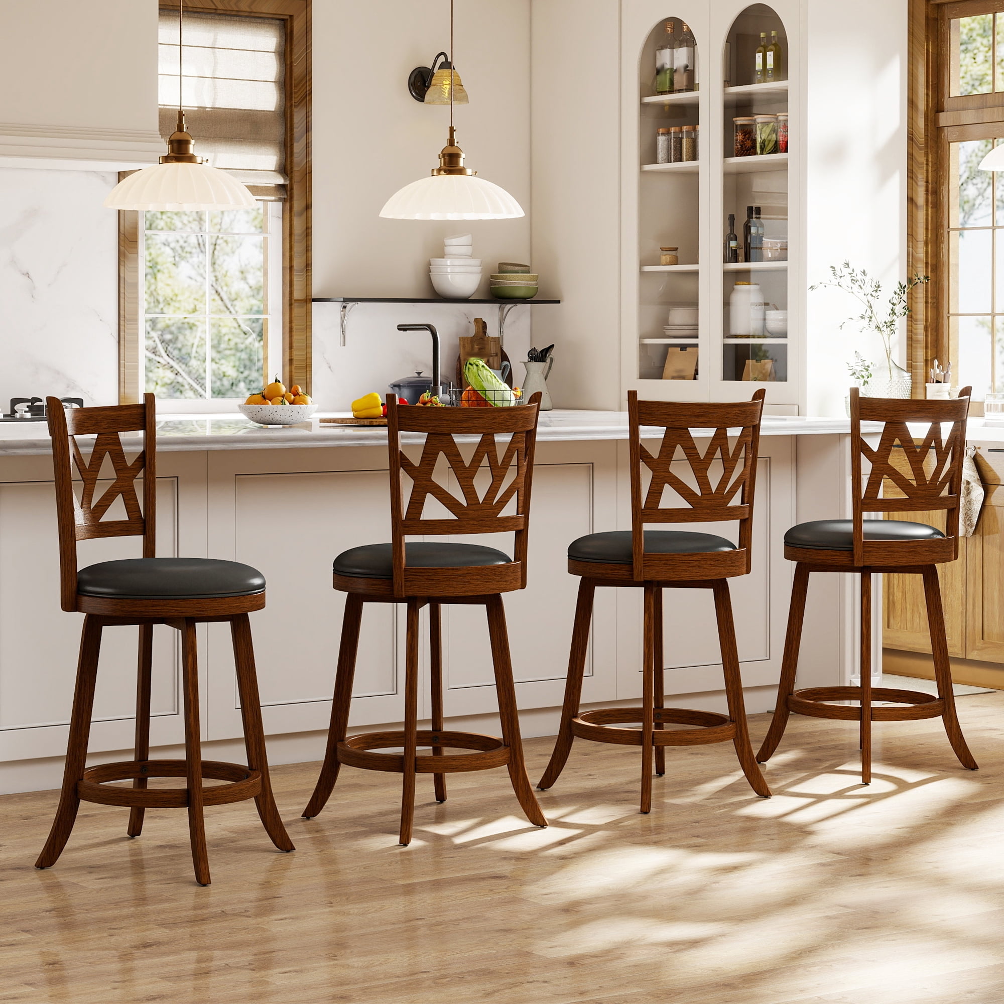 Joywind Farmhouse Swivel Bar Stools Set of 2, 24" Carved Lotus Barstools, Faux Leather Upholstered Counter Chairs with Solid Footrest & Wood Legs, Rustic Brown