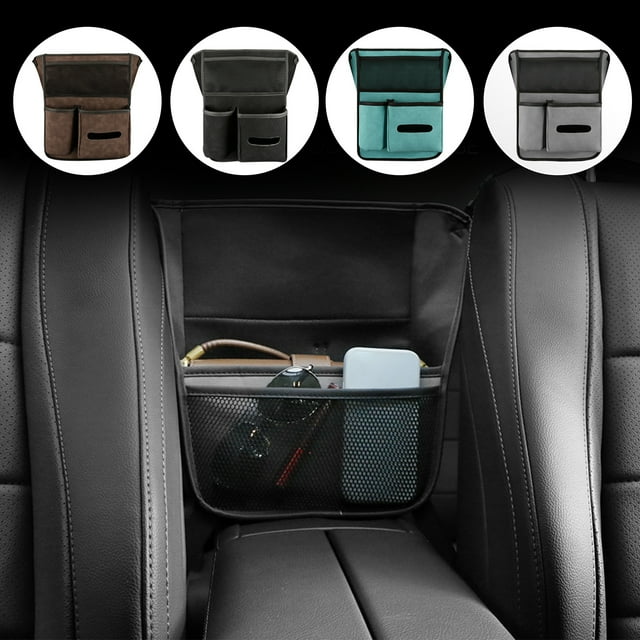Bolsa organizadora de asiento de coche - Espacio para guardar asientos delanteros con cuero de ante, 13,38x10,63x3,74 pulgadas, para bolso, tableta, revistas, fácil instalación y limpieza