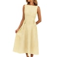 thumbnail image 2 of Gamivast Linen Wedding Guest Dresses for Women Flattering High Neck Sleeveless Midi Dress Striped Pattern Elegant Dresses Fitted Waist A-Line Party formal, 2 of 6
