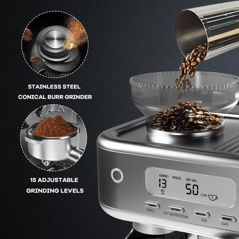Towallmark 15 Bar 78 Oz Semi-Automatic Espresso Machine with Grinder, Built-In Coffee Grinder and Milk Frother, LCD Display Cappuccino Latte Maker, Stainless Steel Coffee Machine for Home Use