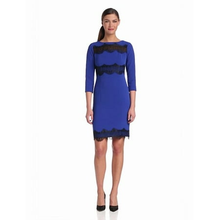 Inset Sheath Dress Donna Morgan Women's 3/4 Sleeve Sheath Dress with Lace Inset Details At Neckline Waist and Hem, Royal Cobalt, 10 ()