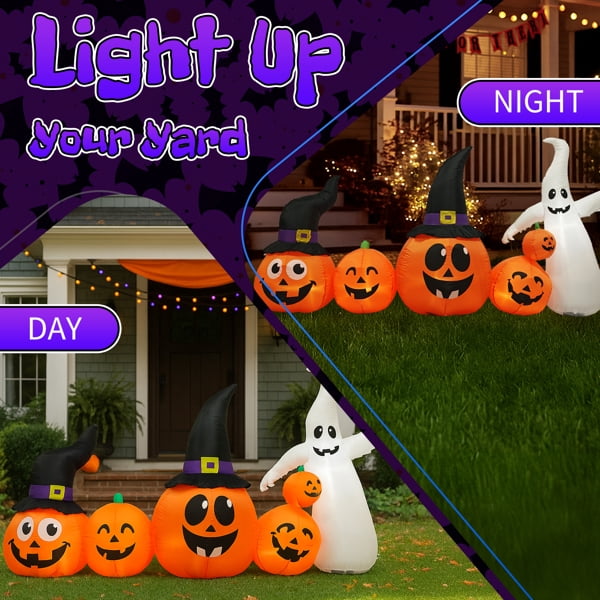 Alvantor 8 ft Halloween Inflatable Pumpkin Family and Ghost with 5 Built-In LED Lights