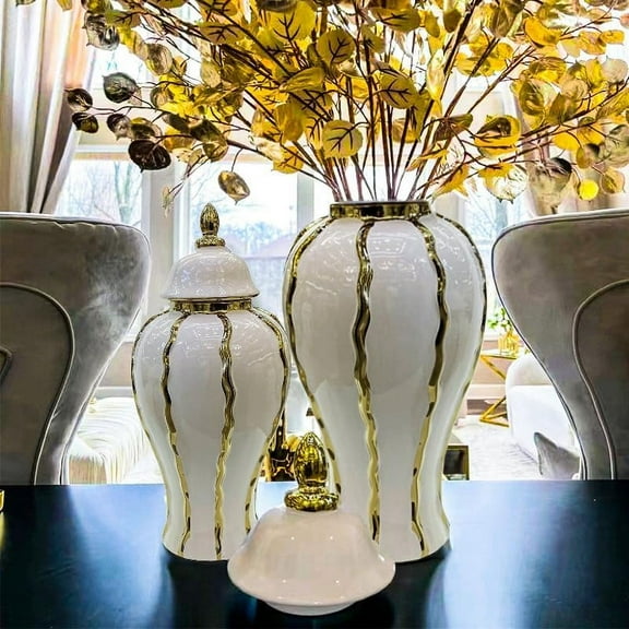 Handmade White Gold Ceramic Vase with Lid, Large Decorative Flower Vase, Tabletop Centerpiece for Home, Living Room, or Wedding Decor