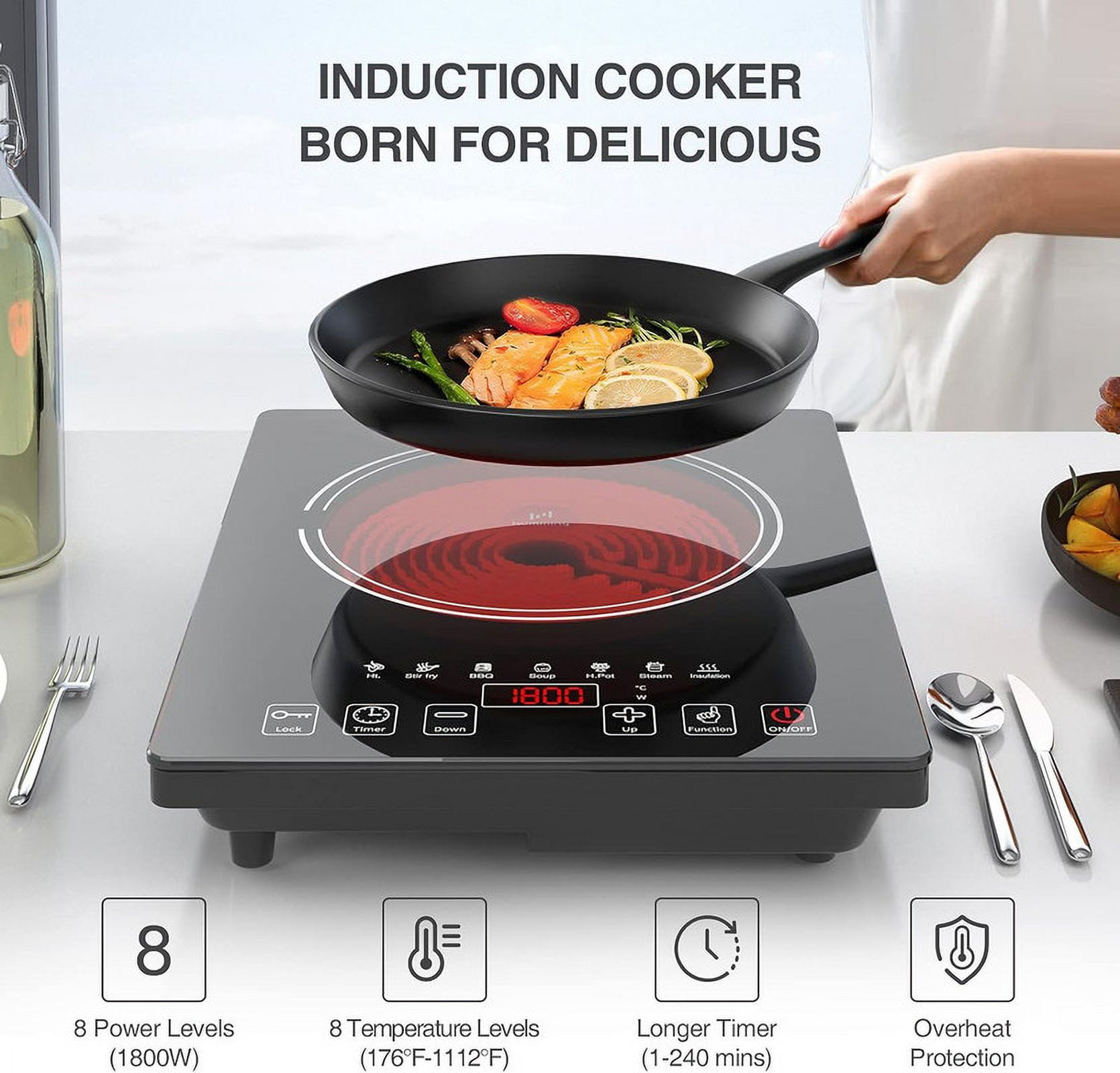 VBGK Electric Cooktop, 1800W Portable Single Burner Ceramic Stove with LED Touch Screen, 8 Power & Temp Levels, Timer for Home, Dorm or RV Kitchen Use