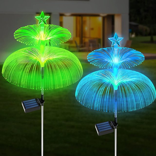 Luces solares para jardín, paquete de 2 luces solares para exteriores, luces solares de flores con medusas dobles y estrellas que cambian de 7 colores