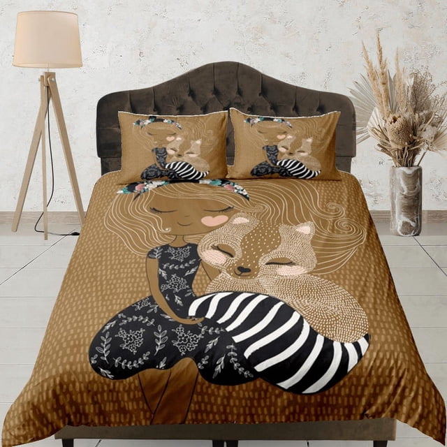 Conjunto de funda nórdica marrón lindo niños colcha, ardilla dormitorio ropa de cama con