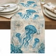 thumbnail image 2 of Nautical Teal Jellyfish Table Runner, Ocean Corals Compass Vintage Brown Map Cotton Linen Kitchen Table Decoration Washable Dining Tabletop Runners for Home Party Decor 13x108 Inches, 2 of 9