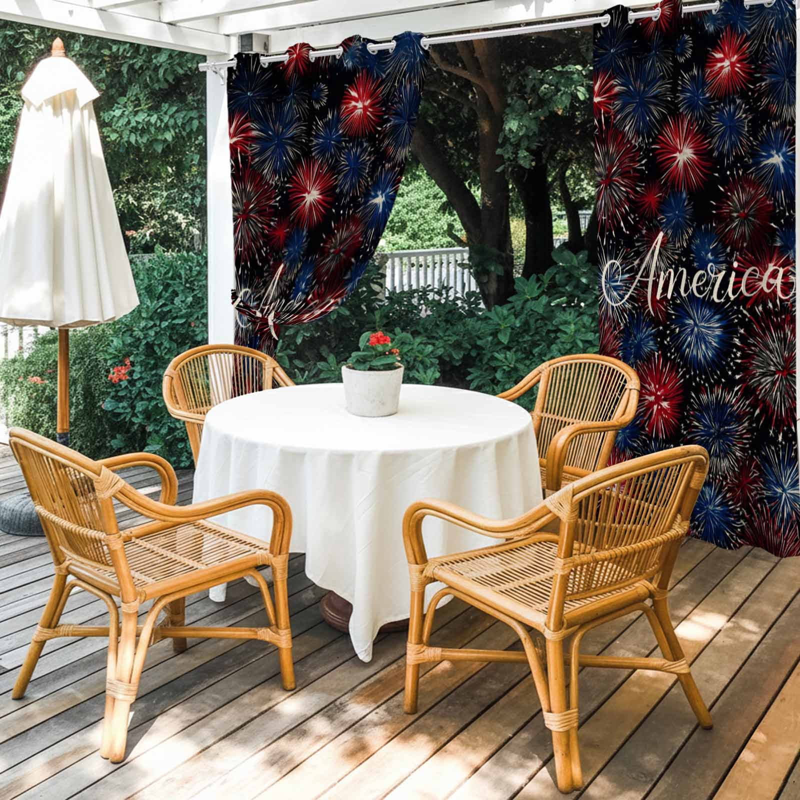 Independence Day Outdoor Curtains for Patio, America Letter Print Fantasy Colorful Firework Sunshade Privacy Drapes Grommet Waterproof Outside Curtains for Porch/Cabana/Balcony 54"x 108", 1 Panel