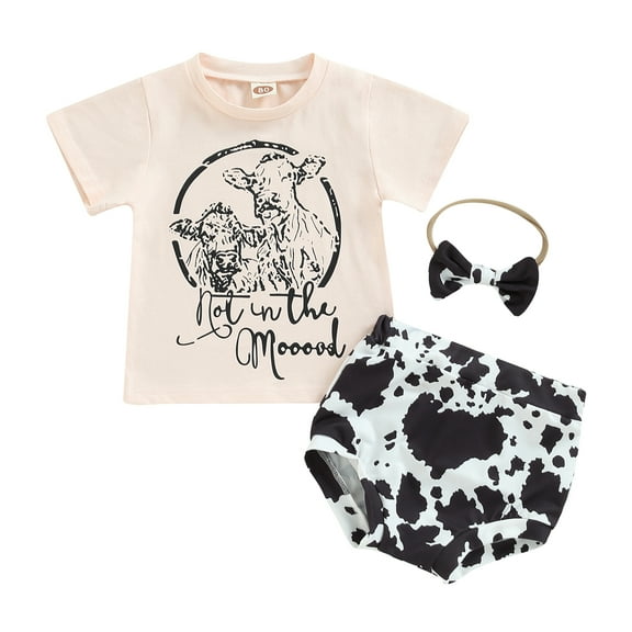 Toddler Girls Clothes, Short Sleeve Round Collar Bull Print Tops Short Pants Headband Casual Outfits 0-24 Months