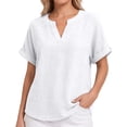 thumbnail image 3 of Summer Sales Womens Summer Tops Loose Comfy V‑Neck Linen‑Cotton Short Sleeve Summer Blouses Oversized Tshirts for Women Under 12$, 3 of 9