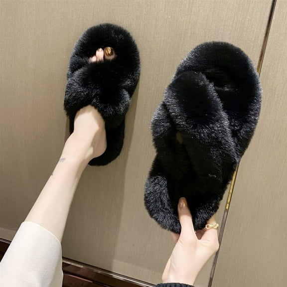 Women's Cross Band fluffy Slippers, Lady Soft Plush Faux Fur Furry Cozy Open Toe House Indoor Warm Slippers