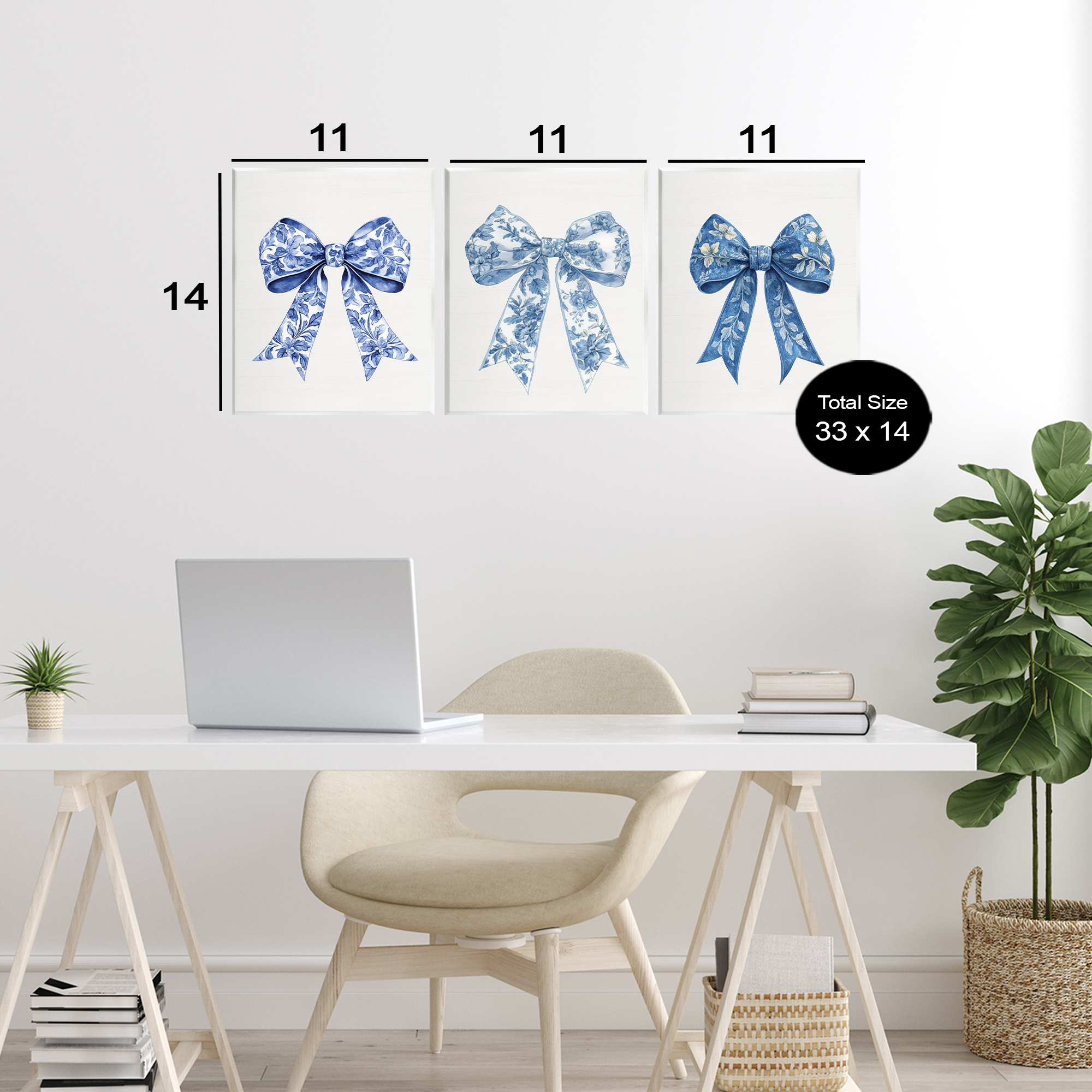 Vintage Toile Pattern Bows 3 Piece Wall Plaque Art Set, design by Lettered and Lined